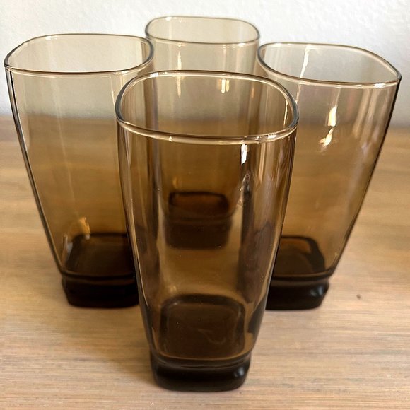 Set of Four MCM Libbey Carrington Tawny Smoke Brown Square Highball Tumblers - Picture 3 of 8